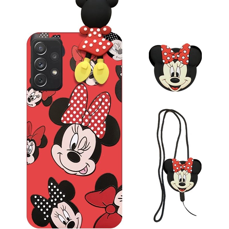 کاور دخترانه فانتزی طرح مینی موس مناسب برای گوشی Samsung Galaxy A72 4G/5G همراه با ست پام پام و پاپ سوکت عروسکی سیلیکونی (محافظ لنزدار) Disney Mickey Mouse Cute Case