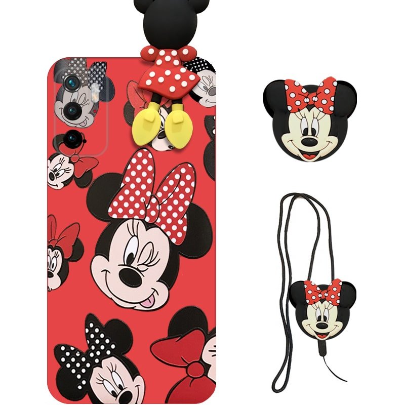 کاور دخترانه فانتزی طرح مینی موس مناسب برای گوشی Xiaomi POCO M3 Pro / Redmi Note10 5G همراه با ست پام پام و پاپ سوکت عروسکی سیلیکونی (محافظ لنزدار) Disney Mickey Mouse Cute Case