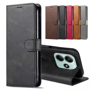 کیف چرمی Xiaomi Redmi Note 14 5G مدل لپ تاپی جاکارتی دار (محافظ لنزدار)