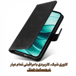 کیف چرمی Xiaomi Redmi Note 14 Pro Plus 5G مدل لپ تاپی جاکارتی دار (محافظ لنزدار)