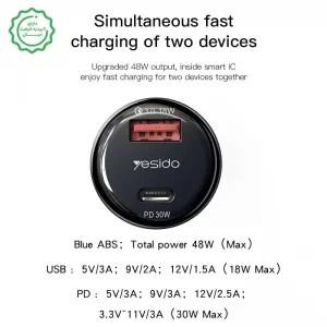 شارژر فندکی فست شارژ 48W PD دو پورت مدل Yesido Y52 (100% اورجینال)