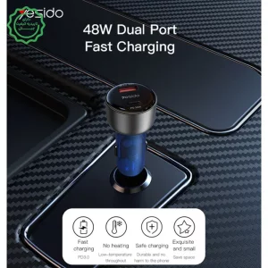 شارژر فندکی فست شارژ 48W PD دو پورت مدل Yesido Y52 (100% اورجینال)