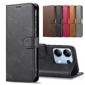 کیف چرمی Xiaomi Redmi Note 14S مدل لپ تاپی جاکارتی دار (محافظ لنزدار)