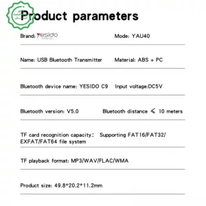 دانگل و گیرنده بلوتوثی کانکتور USB-AUX از برند یسیدو مدل YESIDO YAU40 (100% اورجینال)