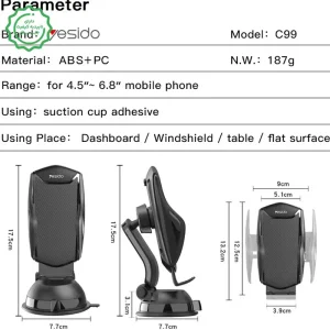 پایه نگهدارنده ماشین مدل داشبوردی مکنده از برند یسیدو مدل YESIDO C99 (100% اورجینال)