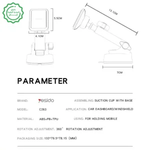 هولدر نگهدارنده مگنتی مدل داشبوردی چسبی مکنده از برند یسیدو مدل YESIDO C263 (100% اورجینال)