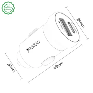 شارژر فندکی فست شارژ 30W به همراه کابل دو سرتایپ سی 60W مدل Yesido Y72 (100% اورجینال)