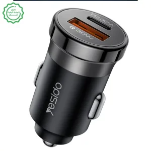 شارژر فندکی فست شارژ 30W به همراه کابل دو سرتایپ سی 60W مدل Yesido Y72 (100% اورجینال)