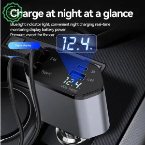شارژر فندکی فست شارژ 120W Max با 2 کابل سرخود تایپ سی و لایتنینگ و نشانگر LED مدل C1
