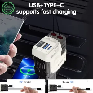 شارژر فندکی فست شارژ 66W Max با 2 کابل جمع شونده تایپ سی و لایتنینگ مدل A1