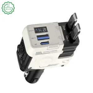 شارژر فندکی فست شارژ 66W Max با 2 کابل جمع شونده تایپ سی و لایتنینگ مدل A1