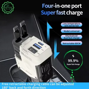 شارژر فندکی فست شارژ 66W Max با 2 کابل جمع شونده تایپ سی و لایتنینگ مدل A1