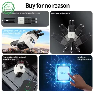شارژر فندکی فست شارژ 66W Max با 2 کابل جمع شونده تایپ سی و لایتنینگ مدل A1