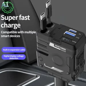 شارژر فندکی فست شارژ 66W Max با 2 کابل جمع شونده تایپ سی و لایتنینگ مدل A1