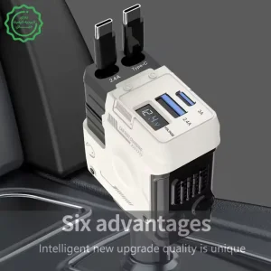 شارژر فندکی فست شارژ 66W Max با 2 کابل جمع شونده تایپ سی و لایتنینگ مدل A1