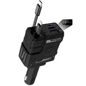 شارژر فندکی فست شارژ 66W Max با 2 کابل جمع شونده تایپ سی و لایتنینگ مدل A1