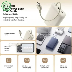 پاوربانک 20.000Mah با توان 33W PD به همراه کابل USB-C مدل Xiaomi PB2030MI (نسخه اورجینال + گارانتی شرکتی)