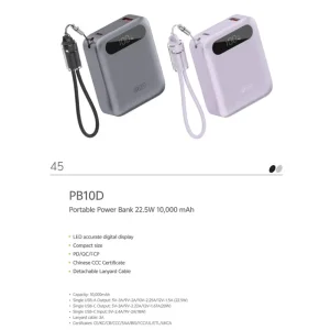 پاوربانک 10.000Mah با توان 22.5W PD به همراه کابل USB-C مدل QCY PB10D (نسخه اورجینال + گارانتی شرکتی)