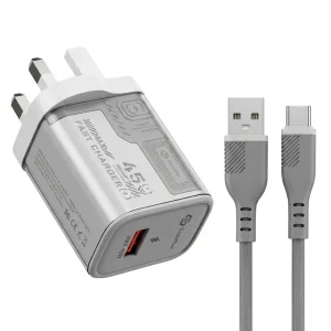 آداپتور توربو شارژ 3 پین 45W QC3.0 به همراه کابل Type-C مدل Soloffer TC-70 (اورجینال+گارانتی)