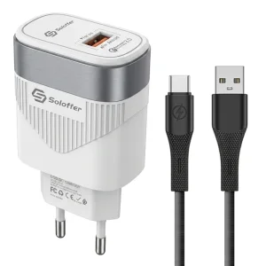 آداپتور فست شارژ با یک خروجی QC3.0 به همراه کابل تایپ سی مدل Soloffer TC50 (اورجینال+گارانتی)