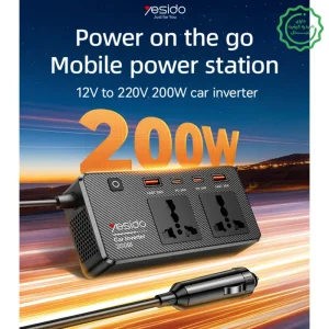 مبدل برق و اینورتر خودرو فندکی مدل چند پورت 200W Max از برند YESIDO VC07 (100% اورجینال)