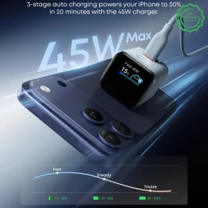 آداپتور فست شارژ 45 وات با نمایشگر هوشمند از برند انکر مدل ANKER Nano Charger 45W A121D (100% اورجینال-نسخه چین)
