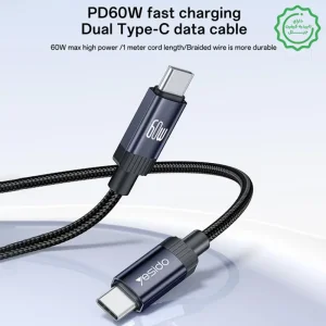 کابل فست شارژر کنفی مدل دو سر تایپ سی با سرعت 60W مدل Yesido CA204 (100% اورجینال)