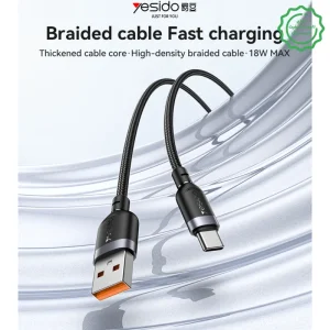 کابل فست شارژر کنفی مدل یو اس بی به تایپ سی با سرعت 18W مدل Yesido CA132C (100% اورجینال)