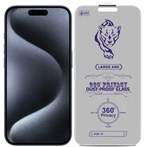 گلس پرایوسی 360 درجه مناسب برای iPhone 15 Pro Max به همراه توری اسپیکر (بدون حاشیه مشکی)