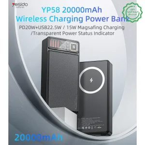 پاوربانک 20.000Mah فست شارژ مدل مگ سیف دار 15W و توان پورت 22.5W از برند YESIDO YP58 (100% اورجینال)
