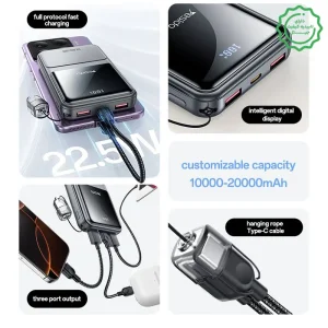پاوربانک 10.000Mah سه پورت به همراه کابل با توان 22.5W از برند YESIDO YP95 (100% اورجینال)