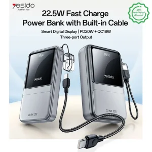 پاوربانک 10.000Mah سه پورت به همراه کابل با توان 22.5W از برند YESIDO YP95 (100% اورجینال)