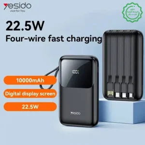 پاوربانک فست شارژ 10.000Mah به همراه 4 کابل سرخود با توان 22.5W از برند YESIDO YP71 (100% اورجینال)