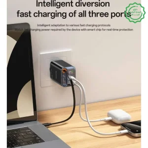 آداپتور فست شارژر 67 وات Gan نمایشگردار به همراه کابل همراه مدل 3 پورت از برند YESIDO YC100 (100% اورجینال)