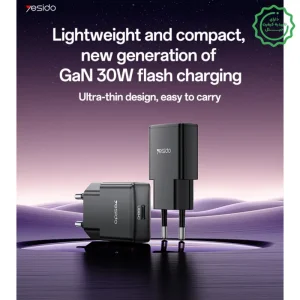 آداپتور شارژر 30 وات Gan مدل PPS Control تک پورت از برند YESIDO YC74 (100% اورجینال)