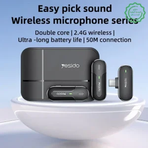 میکروفن یقه ای بیسیم مدل دو عددی تایپ سی Lavalier Mic AI Noise Reduction از برند YESIDO KR17 (100% اورجینال)