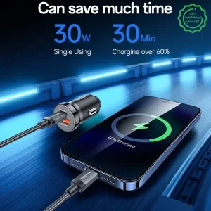 شارژر فندکی ماشین 30 وات به همراه کابل آیفون مدل 2 پورت از برند YESIDO Y73 (100% اورجینال)