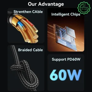 کابل فست شارژ Dual Type-C مدل 30 سانتی متری 60 وات از برند YESIDO CA188 (100% اورجینال)