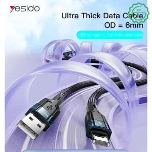کابل فست شارژ Type-C مدل 1.2 متری 2.4 آمپر از برند YESIDO CA106 (100% اورجینال)