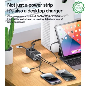 مبدل برق و شارژر چندراهی 40 وات Gan مدل 10A 2500W Power Ranting  از برند YESIDO MC35 (100% اورجینال)
