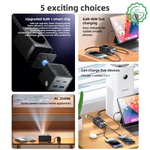 مبدل برق و شارژر چندراهی 40 وات Gan مدل 10A 2500W Power Ranting  از برند YESIDO MC35 (100% اورجینال)