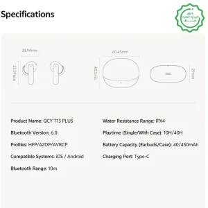 ایربادز وایرلس مدل ANC+AI Powered 6-Mic Call Clarity مدل QCY T13 Plus (100% اورجینال+گارانتی شرکتی)