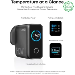 آداپتور فست شارژ 140 وات به همراه کابل 1.5 متری با نمایشگر هوشمند از برند انکر مدل ANKER Charger 140W B2697 (100% اورجینال+ گارانتی شرکتی