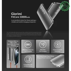 پاوربانک مگ سیف آلومینیومی 20 وات مدل 10 هزار میلی آمپر Ultra Slim از برند Glorimi 10k FitCore (100% اورجینال)