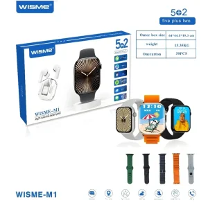 ساعت هوشمند 49 میلی متری طرح اپل واچ به همراه 5 عدد بند و هدست بلوتوثی مدل WISME M1