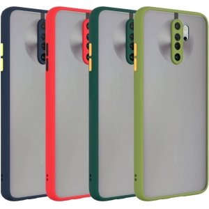 کاور و قاب گوشی مناسب برای Xiaomi Redmi 9 هیبریدی دکمه رنگی مدل پشت مات محافظ لنزدار