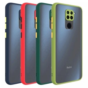 کاور و قاب گوشی مناسب برای Xiaomi Redmi Note 9 هیبریدی دکمه رنگی مدل پشت مات محافظ لنزدار