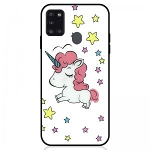 قاب فانتزی دخترانه مناسب برای گوشی Samsung Galaxy A21S مدل پشت گلس عروسکی طرح یونیکورن Unicorn Glass Case