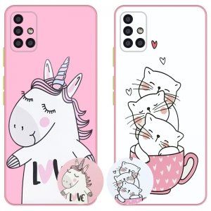 کاور عروسکی دکمه رنگی دخترانه مناسب برای گوشی Samsung Galaxy A71 مدل محافظ لنزدار به همراه پاپ سوکت طرح کیتی و اسب تک شاخ Unicorn And Kitty Case
