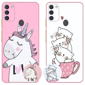 کاور عروسکی دکمه رنگی دخترانه مناسب برای گوشی Samsung Galaxy A11 مدل محافظ لنزدار به همراه پاپ سوکت طرح کیتی و اسب تک شاخ Unicorn And Kitty Case